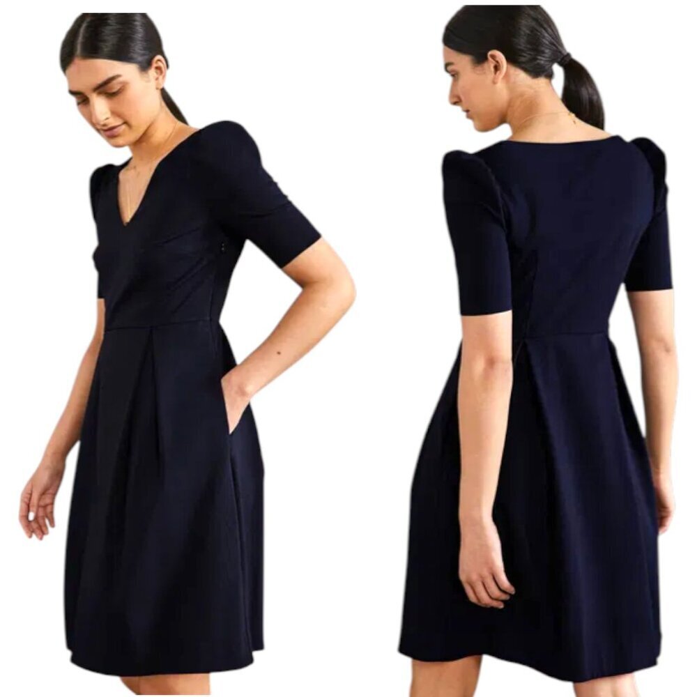 Boden Puff Sleeve V-Neck Ponte Fit/Flare Dress - Navy - 4R
